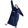 Emwwat Coperta con cappuccio extra lunga, felpa con cappuccio Sherpa oversize per donne e uomini, coperta indossabile con maniche e tasca gigante (Blu navy, 120 cm di lunghezza)