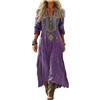 Gienslru Vestito Lungo Donna Estivo Boho Chic in Lino Effetto, Maxi Abito Floreale Vintage con Scollo a V e Maniche Lunghe, Elegante con Tasche per Mare Vacanza Cerimonia Primavera Estate Taglie Forti Curvy
