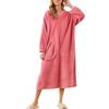 Generisch Camicia da notte da donna, a maniche lunghe, con scollo a V, abito invernale lungo, in pile, morbido, casual, oversize, spessa, per la casa, O rosa., L
