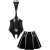 Lejafay Set Lingerie Donna Body In Pelle Pu Con Effetto Bagnato E Fenditure Abbinato Minigonna Notte Nero M