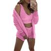 WIWIDANG Cozy Knit Set 3-Piece, Pigiama da donna in pile peloso caldo e sexy, completo in 3 pezzi, set di pantaloncini con top corto e soffice (S, Pink-b)