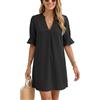 YUTILA Abito da spiaggia da donna, corto, in lino, con scollo a V, copri-bikini, estivo, tunica da spiaggia, in cotone, lino, morbido, leggero, tinta unita, beachwear, Nero , L