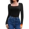 SHAPERIN Maglia Termica Donna Manica Lunga Top con Scollo Quadrato Thermal Shirt T-Shirt Aderente Maglietta Intima Caldo, Nero, XL