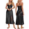 ALCEA ROSEA Camicia da notte da donna in raso di seta sexy in pizzo sottoveste lingerie lunga pigiama sottoveste per le signore, Nero, M