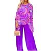 Generic Donna Colorata Pittura a Olio Chiffon 2 Pezzi Set Elegante Matrimonio Ospite Gamba Larga Pantsuit Cocktail Party Abiti (Viola,4X-Large)