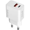 UNICO Caricatore domestico UNICO con doppia porta USB-C+A, PD20W+QC18W, dimensioni compatte GaN, colore bianco, unità singola, conforme RoHS e certificato TUV-GS.