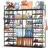 FINEW Scarpiera a 9 livelli, ripiani in metallo per scarpe, grande scarpiera per 64-72 paia di scarpe, scarpiera da terra a 4 file con ganci per soggiorno, spogliatoio e corridoio