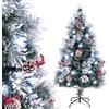 COSTWAY Albero di Natale Innevato 150/180 CM, con Fibra Ottica, 49/63 Luci LED, 8 Modalità di Illuminazione, 170/220 Punte di Rami, Ago di Pino, 18/24 Mazzi di Bacche Rosse e 18/24 Pigne (150 CM)