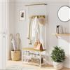 HEYZOEY Appendiabiti in legno con seduta e scarpiera, scaffale a 3 livelli e 4 ganci rimovibili, bianco (sopra)