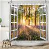 ASDCXZ Tenda per finestra da doccia 180x200 cm, Primavera Fiori Viola Verde Foresta Giungla Raggi di sole, tenda da bagno lavabile in poliestere, tessuto impermeabile per vasca da bagno con 12 ganci