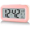 Hiseeyo Sveglia digitale aggiornata, display LED da 4,3, con temperatura più grande, Lound Light Control portatile, calendario snooze, luminosità con sveglia a batteria, comodino (rosa)