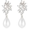 QUKE Orecchini da donna a forma di foglia con zirconia cubica e perle finte, pendenti, da sposa, senza foro, gioiello da donna, Zirconia cubica