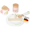 Heless 680 Set da Pappa per Bambole "Freche Früchtchen" in Rosa e Bianco, in Legno, Set da 4 Pezzi con Piatto, cucchiaino, Tazza con beccuccio e vasetto per pappe