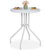 Relaxdays Tavolino da Giardino Rotondo, HxD 73 x 60 cm, Aspetto Rattan, Tavolo in Plastica e Acciaio, da Esterno, Bianco
