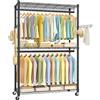 SONGMICS Heavy-Duty Rolling Clothes Rack, Garment Rack, Portable Closet, 43.3-Inch Wide Clothing Rack on Wheels, with Adjustable Mesh Shelves and Hanging Rails, Hooks, Ink Black ULGR414B01