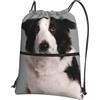 YYHWHJDE Border Collie Prints, zaino con coulisse, leggero, impermeabile, con tasca con cerniera, per viaggi e sport