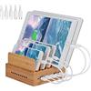 Yisen - Stazione di ricarica USB a 5 porte, in bambù, per iPhone, iPad, telefoni cellulari universali, tablet e altri dispositivi con ricarica USB, con cavo di ricarica del Regno Unito