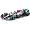 Burago Bburago Mercedes AMG Petronas F1 Team W13 (2022): modellino auto in scala 1:43, #63 George Russel, con conducente, custodia rigida, argento (18-38066R)