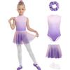 JiAmy Body da danza per ragazze, 4 pezzi, con gonna rimovibile, colore sfumato, vestito da danza con collant elastici 4-12 anni, Viola, 9-10 anni