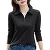 REHJJDFD Polo da donna a maniche lunghe in cotone tinta unita con bottoni e fondo in maglia, Nero , XXL