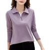 REHJJDFD Polo da donna a maniche lunghe in cotone tinta unita con bottoni in maglia, Viola, M