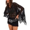 Faymlc - Camicia da Donna con Maniche a Pipistrello, Top Oversize in Pizzo a Contrasto, Trasparente, in Rete, con Ruches, svolazzante, Stile Boho, Nero, XL