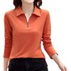REHJJDFD Polo da donna a maniche lunghe in cotone tinta unita con bottoni e fondo in maglia, Arancione, M