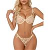 Lilosy Set di Lingerie Sexy in Pizzo Floreale con Ferretto da Donna Reggiseno e Mutandine Trasparenti 2 Pezzi, Arco Beige, S