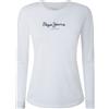 Pepe Jeans London New Virginia LS N T-shirt donna Slim Fit a manica lunga, in cotone elastico, collo girocollo con logo, bianca