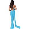JUMISEE Abito lungo da donna, sexy, monospalla con schiena scoperta, elegante, increspato, senza maniche, abito da sera, abito da cocktail, Blu, M