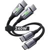 INIU 240W Cavo USB C Ricarica Rapida, [0.3m+0.3m] PD3.0 Cavo USB C a Type-C | Indicatore LED, Ricarica Rapida, Nylon Cavo per iPhone 18 17 16 Pro Max, MacBook Neo, iPad, Samsung S26 Ultra, Pixel 10, ecc