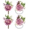 PATIKIL Set di Fiori da Polso e Boutonniere in Rosa, 4 Pezzi Fascia da Polso per Fiori da Sposa Bracciale Accessori per Uomo Donna Festa di Laurea Ballo di Fine Anno, Bianco Viola