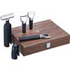 WMF Baric - Set sommelier per vino, 5 pezzi, accessori per vino, cavatappi, tagliapassi, tappo per bottiglie, versatore per vino, apribottiglie, in scatola di legno di noce, nero