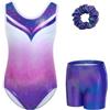 Gogokids Body da ginnastica per ragazze, con strass scintillanti, con pantaloncini e elastico per capelli, abbigliamento sportivo per 3-12 anni, C-viola, 6-7 anni