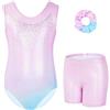 Gogokids Body da ginnastica per ragazze, con strass scintillanti, tute da danza, con pantaloncini, abbigliamento sportivo, Rosa chiaro, 9-10 anni