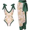 PAIDAXING Costume da bagno da donna in 2 pezzi con pareo abbinato, estivo, vintage, stampa floreale, monokini con gonna lunga avvolgente Boho Holiday Beachwear, 31-verde, M