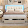 HYTKKBD Letto matrimoniale imbottito,140 x 190 cm Letto Imbottito con illuminazione a LED, Struttura letto con contenitore e 2 cassetti, Schienale confortevole, senza materasso, Beige velluto