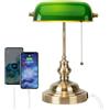 FIRVRE Lampada da scrivania banchieri in vetro verde E27 Lampada da tavolo vintage classica tradizionale con porta USB Interruttore a catena in metallo antico in ottone