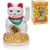Flanacom Gatto Portafortuna Giapponese Batterie Maneki Neko Bianco 11cm Decorazione Scrivania Ufficio Gatto che Saluta Automatico Soprammobile