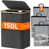 Lifewit 150L Cesto Portabiancheria 3 Scomparti, Cesta Biancheria Sporca con Manici Bambù, Cesto Panni Sporchi con 3 Sacco, Cesto Lavanderia, Porta Biancheria Sporca per Bagno, Grigio Scuro