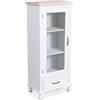DiKasa Vetrina Bianca Sophia, Mobile Vetrina con Ante in Vetro e Cassetto, Struttura in Legno di Pino Bianco Opaco con Ripiano Superiore Effetto Legno Marrone e Maniglie in Ferro Vintage, 48x35x115 cm