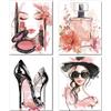 CREATCABIN 4 pz Rosa Trucco Stampe d'Arte da Parete Moda Donna Immagine su Tela Acquerello Decor Dipinti Tacchi Alti Profumo Bellezza Arte da Parete Disegno Poster Decorazione da Parete per 25x20cm
