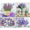 SHEGZHUC Set di 4 quadri con strass, 30 x 30/40 cm, motivo: farfalle lilla, orchidee, bouquet di fiori in vaso, ricamo paesaggio