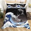 Homewish Set Copripiumino con Motivo Onde Marine e Pesce Koi, Stile Giapponese, per Ragazzi e Ragazze, Singola Dimensione, Set Biancheria da Letto con Vista Lago, Decorazione Camera da Letto, Tema Etnico