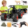 Ulikey RC Trattore Telecomandato per Bambini, 1:16 2,4 GHz Trattore Radiocomandato con Rimorchio, Mucca, Pecora e Pagliaio, Agricolo RC Auto con Musica Luci LED per Bambini di 4 5 6 7 8 anni