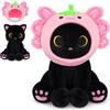 MUFEIRUO Gatto nero di peluche con copricapo di axolotl e fragola, gatto di peluche con cappuccio rimovibile, peluche regalo per compleanno, Halloween, Natale