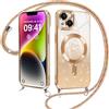 ZhuoFan Magnetica Custodia per iPhone 13 6,1 con Cordino, Glitter Sfumato Case Compatibile con MagSafe Trasparente Aesthetic Motivo Cuore Disegni Cover Fotocamera Protezione con Collana,Oro