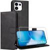 Effcotuo Cover per OPPO Reno 16/Reno 16 Pro 5G, Custodia in Pelle a Libro, Nero | 1 Pellicola Vetro Temperato, Portafoglio Porta Carte, Flip Case Antiurto, Protezione Schermo