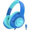 iClever Cuffie per bambini, 85 dBA, suono sicuro, pieghevoli, over-ear, USB C, con cavo, per ragazzi e ragazze, ideali per scuola, viaggi, tablet, iPad, blu oceano