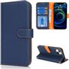CAVOR Custodia compatibile con iPhone 13 Mini, in vera pelle, con 4 scomparti per carte di credito, fibbia, con cordino, blocco RFID, custodia a portafoglio - blu e arancione